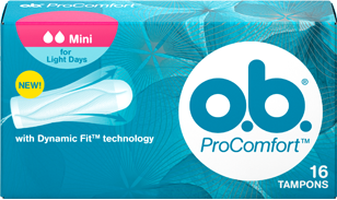 Imagem de uma embalagem de o.b.® ProComfort™ Mini. O produto tem duas gotículas, que indicam que é recomendado para os dias de fluxo ligeiro e as raparigas que estão a começar a utilizar tampões.