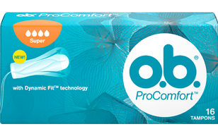 Imagem de uma embalagem de o.b.® ProComfort™ Super. O produto tem cinco gotículas, que indicam que é recomendado para os dias de fluxo abundante a muito abundante.