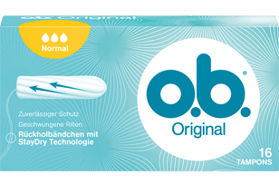 Imagem de uma embalagem de o.b.® Original Normal. O produto tem três gotículas, que indicam que é recomendado para os dias de fluxo ligeiro a moderado.