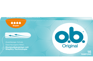 Imagem de uma embalagem de o.b.® Original Normal. O produto tem quatro gotículas, que indicam que é recomendado para os dias de fluxo moderado a abundante.